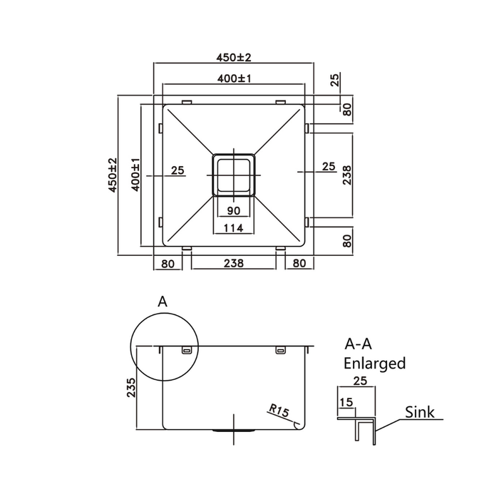Seamless Metal Kitchen Sink Square Waste PSW-S included 450*450*220mm