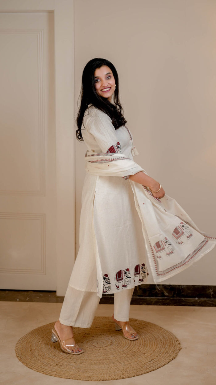Shiya Embroidered Cotton Set- Off White Red