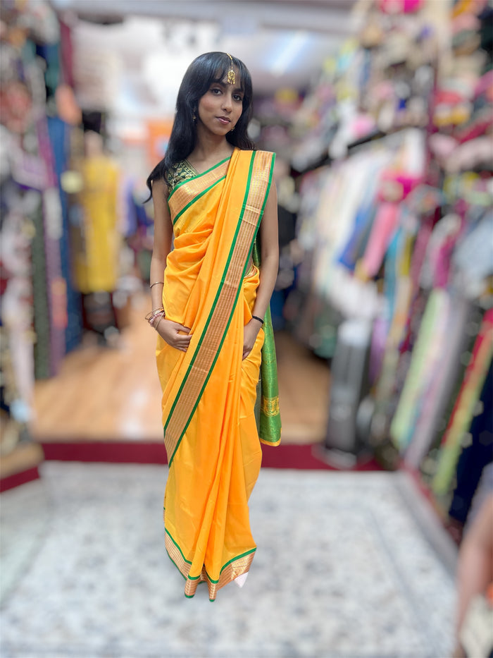 Silk Banarasi Marigold Yellow With Green With Gold Woven Pattern Saree