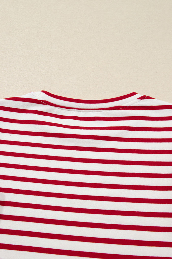 Stripe Round Neck Ruffle Trim Long Sleeve Top - Tops/Long Tops