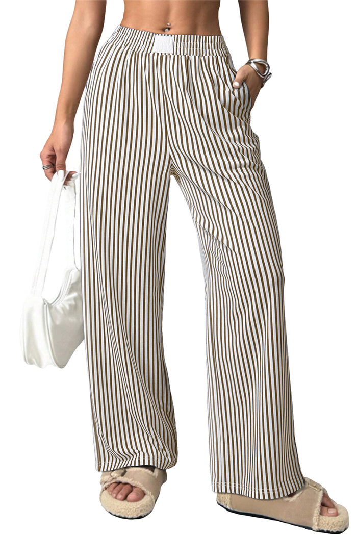 Striped Elastic High Waist Pocketed Loose Trousers - Bottoms/Pants & Culotte
