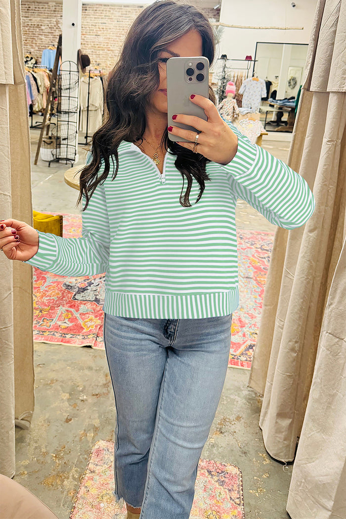Striped Quarter Zip Collar Long Sleeve Top - Tops/Long Tops