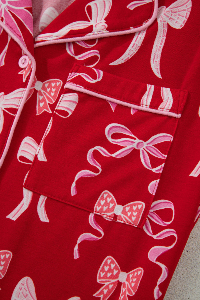 Sweet Bow Print Ruffled Short Sleeve Shirt Shorts Pyjama Set - Loungewear & Sleepwear/Pyjama