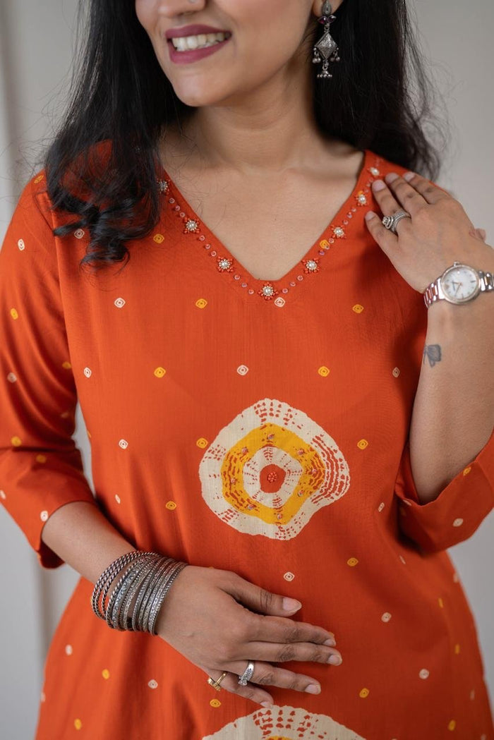 Tina Bandhej Timeless Cotton Suit- Orange