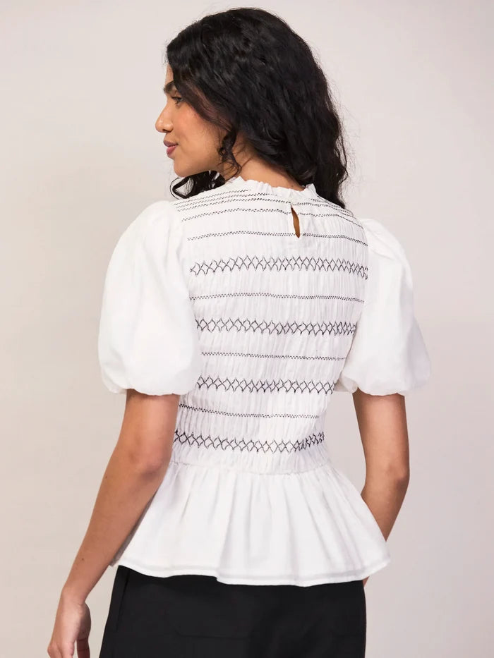 White Cotton Voile Shirred Bodice Top