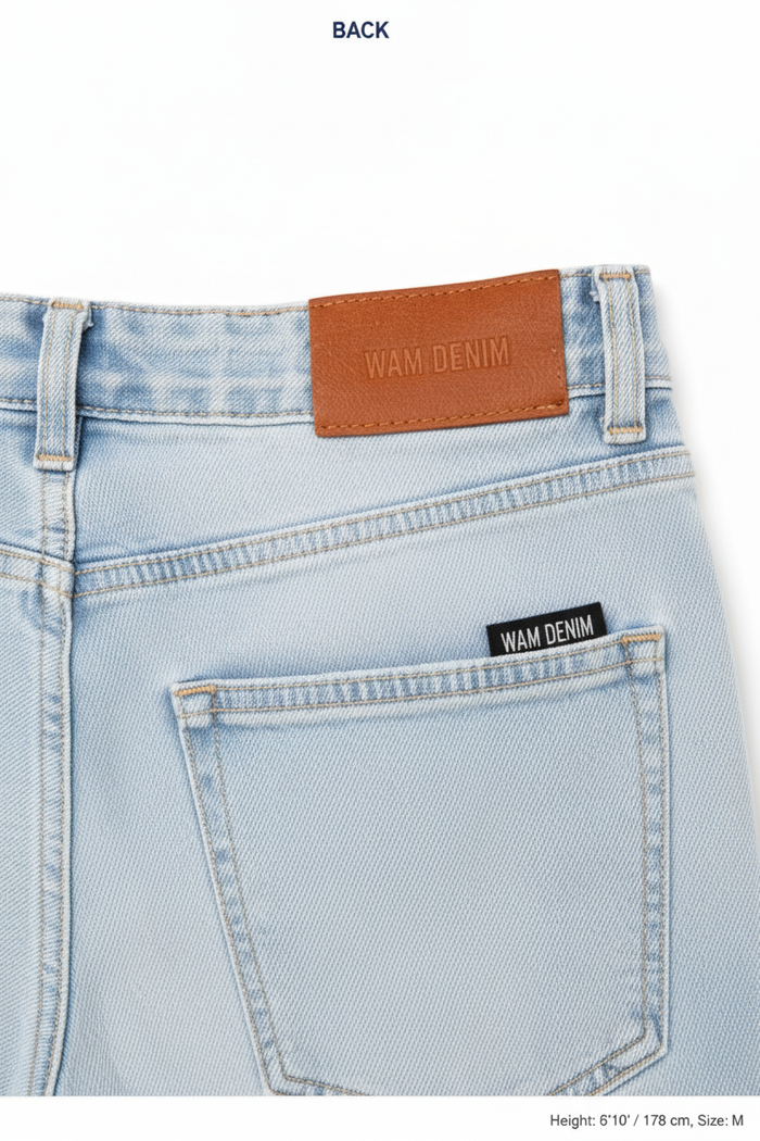 Leather patch close-up - Yevan Light Blue Denim Shorts
