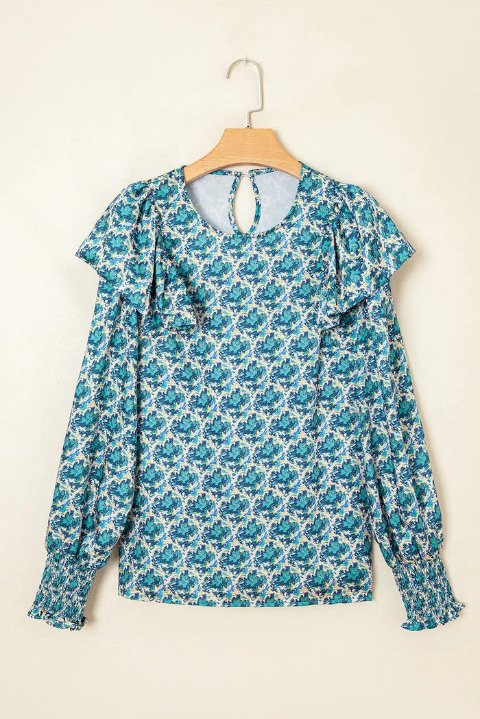 Abstract Print Shirred Cuff Puff Sleeve Blouse - Tops/Blouses & Shirts