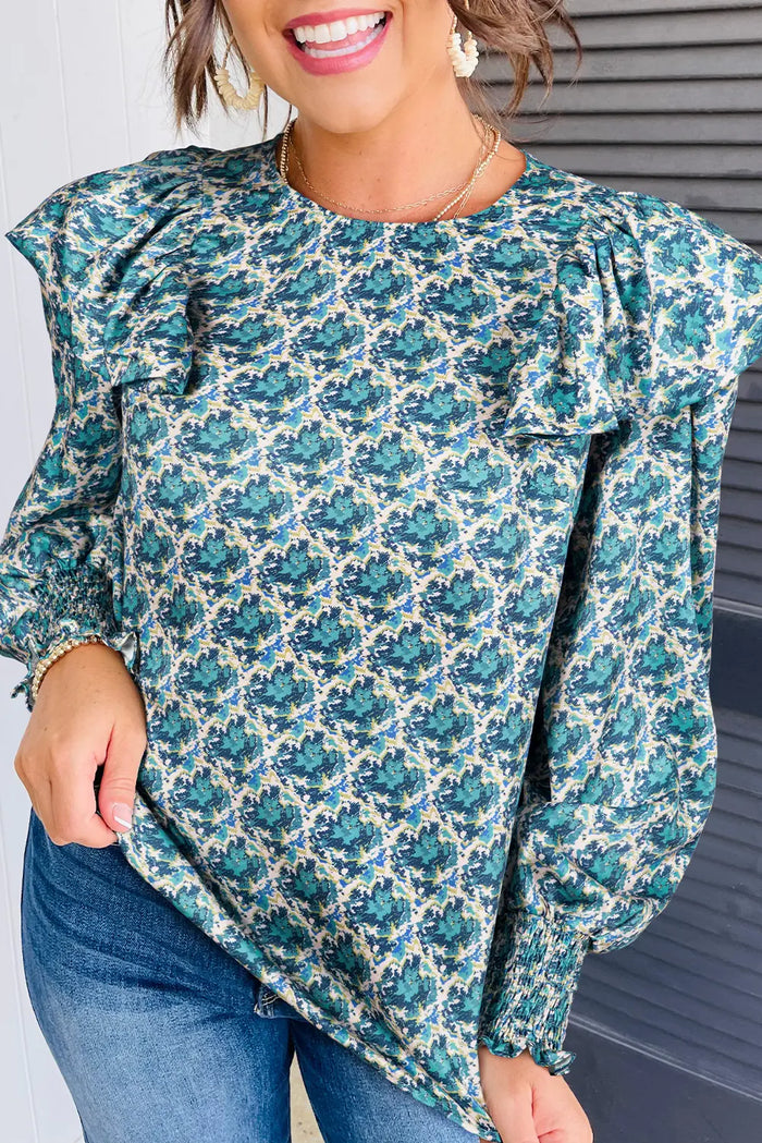Abstract Print Shirred Cuff Puff Sleeve Blouse - Green / S - Tops/Blouses & Shirts