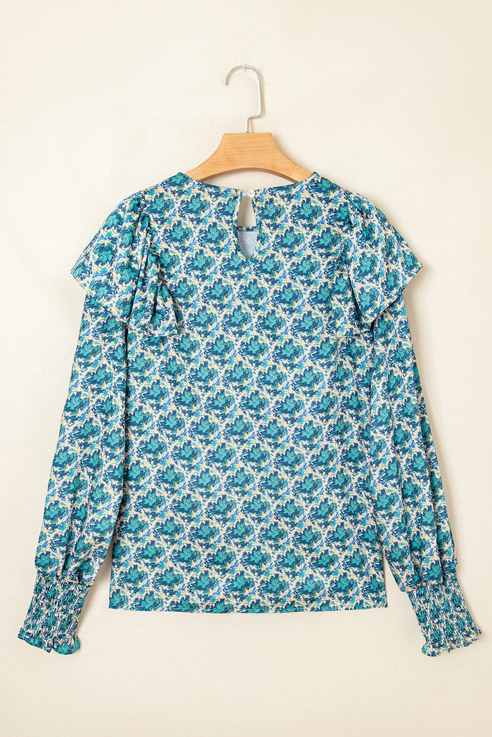 Abstract Print Shirred Cuff Puff Sleeve Blouse - Tops/Blouses & Shirts