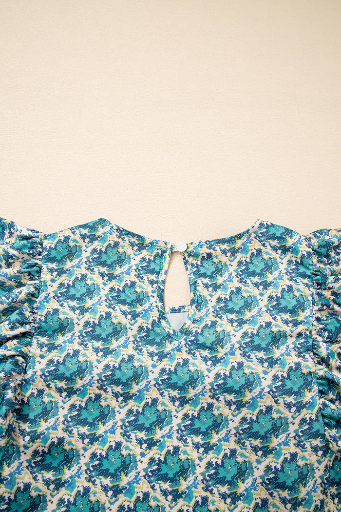 Abstract Print Shirred Cuff Puff Sleeve Blouse - Tops/Blouses & Shirts