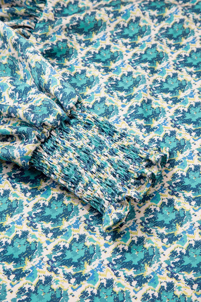 Abstract Print Shirred Cuff Puff Sleeve Blouse - Tops/Blouses & Shirts