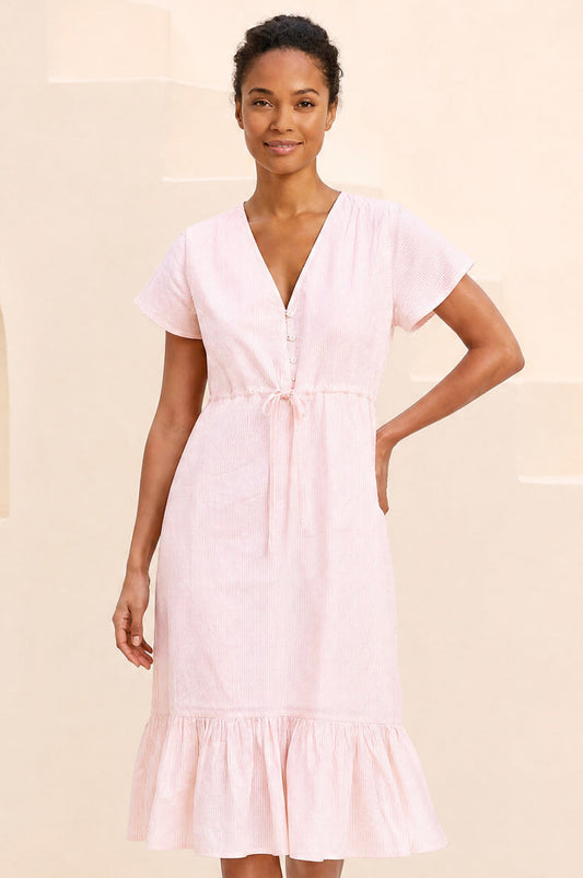 Adiel Organic Cotton Stripe Dress | Coral/White