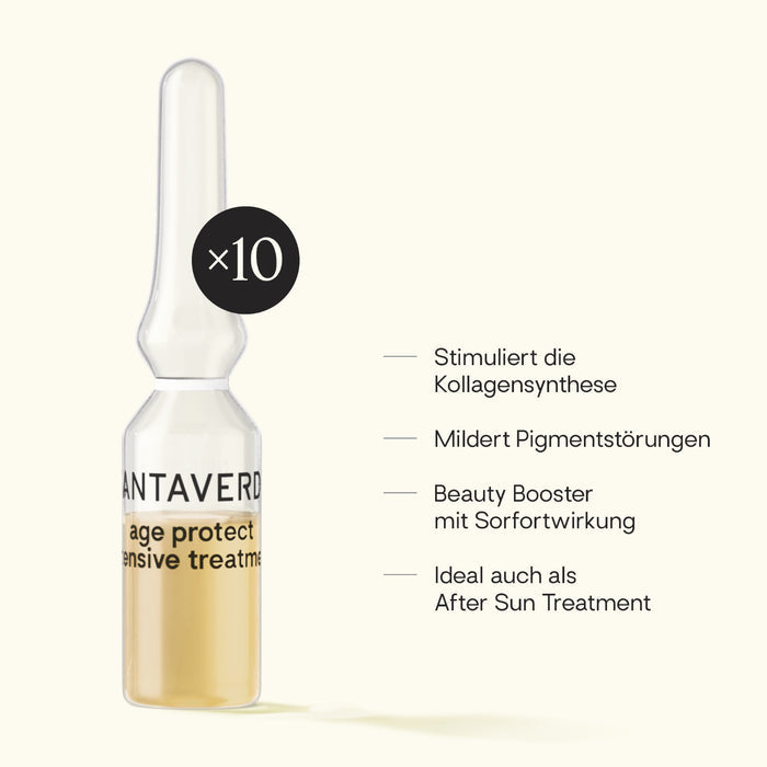 Santaverde Age Protect Intensive Treatment – Naturkosmetik-Ampullenkur mit Aloe Vera, Hyaluron und Antioxidantien, Produktdarstellung mit Wirkversprechen auf hellem Hintergrund