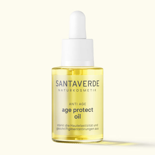 Santaverde Age Protect Oil 30 ml – regenerierendes Aloe Vera Naturkosmetik Gesichtsöl für reife Haut, Glasflasche mit Pipette, minimalistisch arrangiert