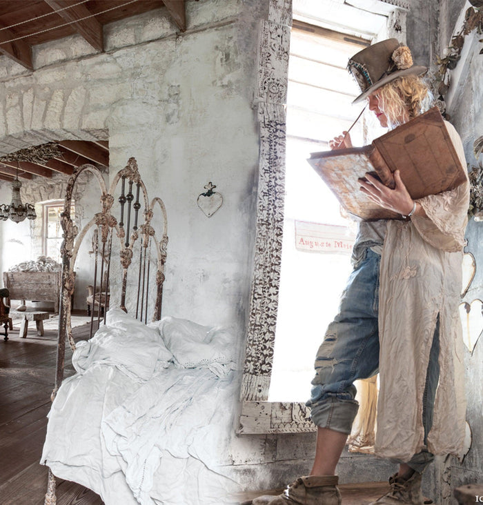 Magnolia Pearl artisan clothing, whimsical vintage outfit, model in rustic shabby chic room