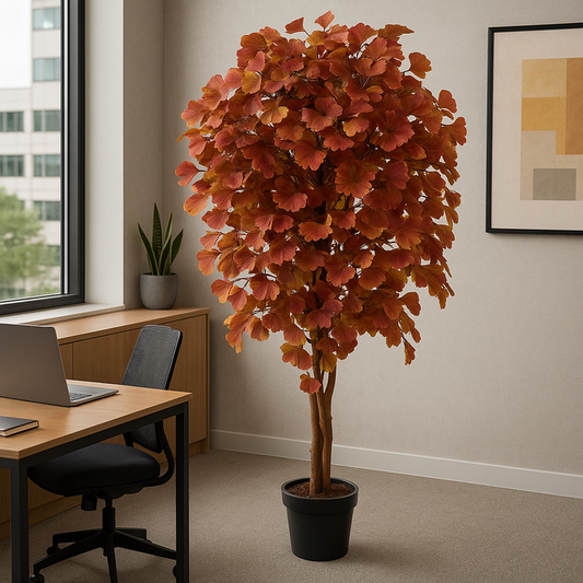 Artificial Ginkgo Tree 6.5 Feet Tall – Indoor/Outdoor Faux Plant for Home or Office Decor – Realistic Large Orange and Green Tree with Pot – Low Maintenance Plastic Plant for Living Room, Bedroom, Entryway