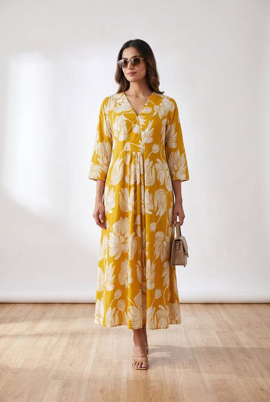 Artistic Floral Printed Flared Russian Silk Dress