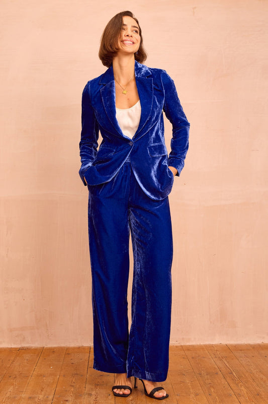 Asha Velvet Single Breasted Blazer | Azure Blue - Aspiga