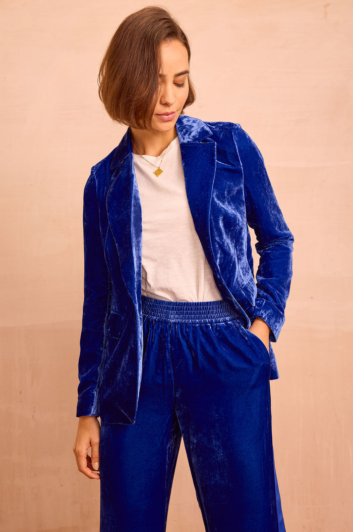 Asha Velvet Single Breasted Blazer | Azure Blue - Aspiga