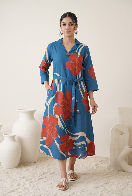 Azure Blue Floral Printed Cotton  Flex Dress