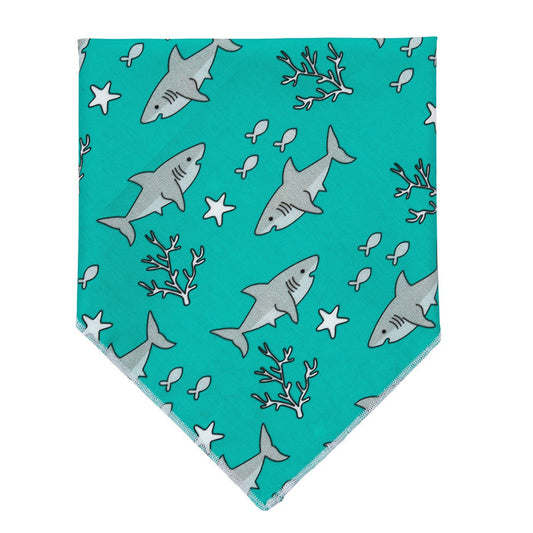 Teal bandana with shark pattern on a white background