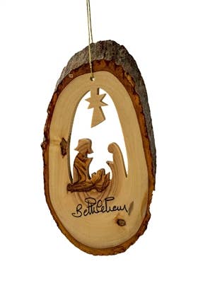 Bark Slice with Nativity Olive Wood Ornament – 4-6"