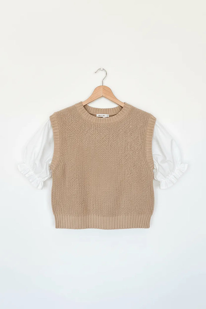 Beige Round Neck Knit Contrast Short Puff Sleeve Sweater - Sweaters & Cardigans/Sweaters
