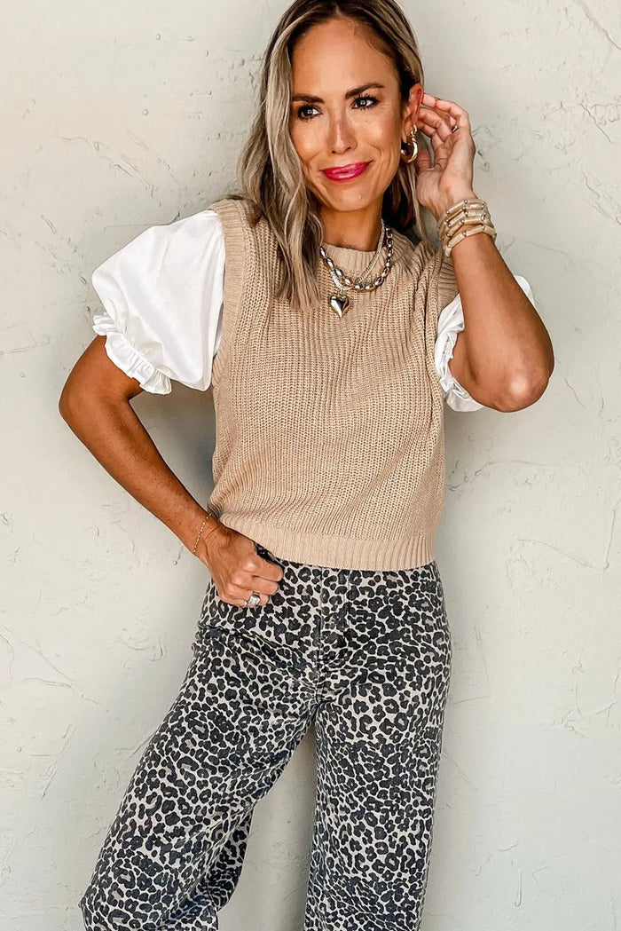 Beige Round Neck Knit Contrast Short Puff Sleeve Sweater - Sweaters & Cardigans/Sweaters
