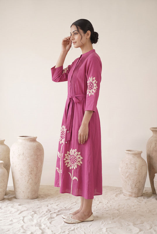 Berry Pink Cotton  Floral Embroidered Fit & Flare Dress
