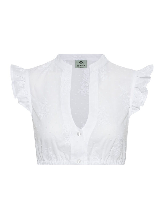 Berwin High-Neck Short Sleeve Embroidery Dirndl Blouse, White