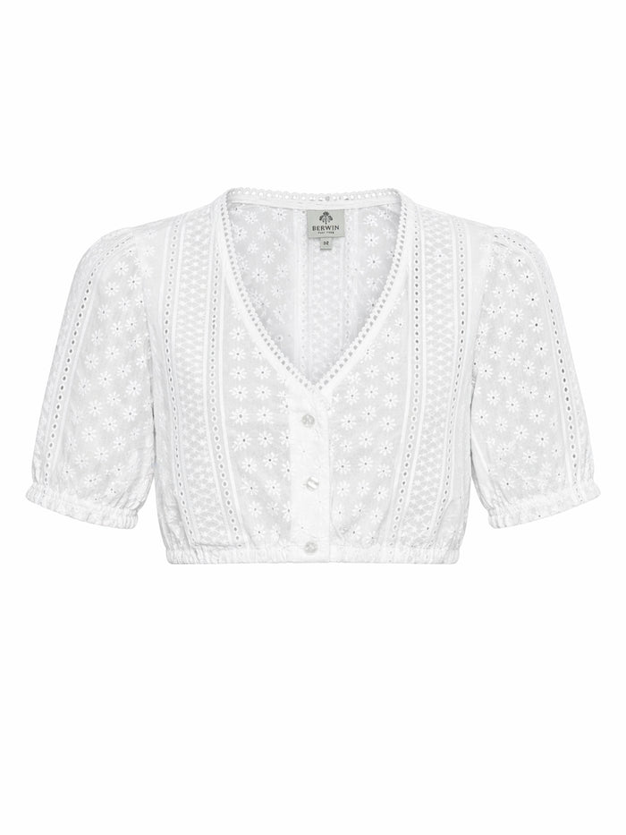 Berwin V-Neck Lace Embroidery Dirndl Blouse, White