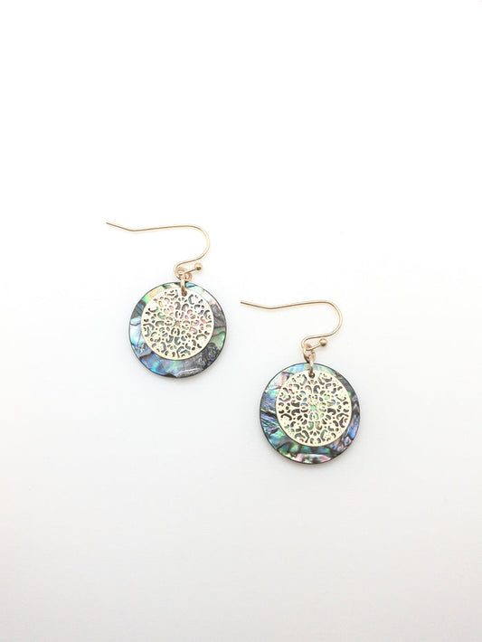 Beth earrings in gold. abalone circle with gold overlay