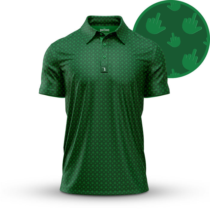 The Birdie Finger - Irish Goodbye - Polo features an athletic fit in green, decorated with a pattern of dark green hands giving the middle finger on a lighter green background. An enlarged circle spotlights this unique design detail.