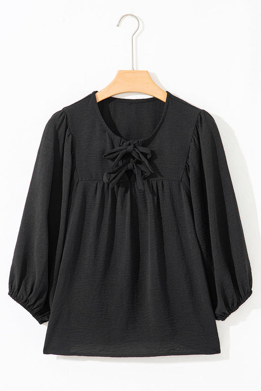 Black Bow Tie Neck 3/4 Sleeve Casual Blouse - Tops/Blouses & Shirts