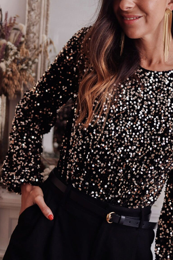 Black Deep V-Back Sequin Puff Sleeve Bodysuit - Occasionwear/party tops