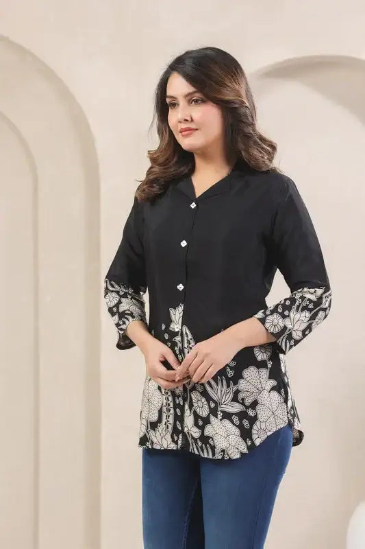 Black Floral Border Print Russian Silk Top