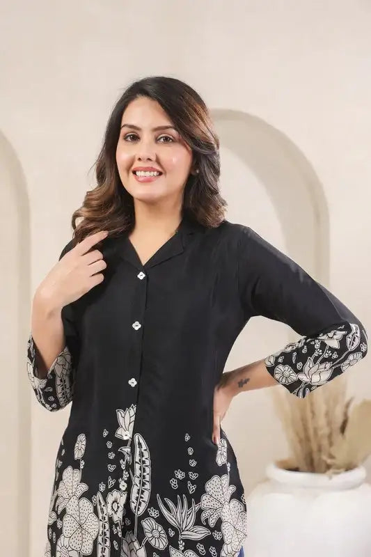 Black Floral Border Print Russian Silk Top