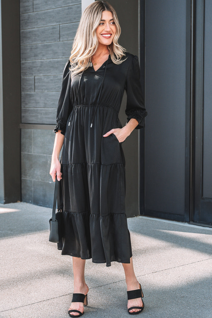 Black Flounced Bracelet Sleeve V-Neck Tiered Maxi Dress
