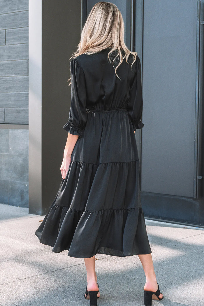 Black Flounced Bracelet Sleeve V-Neck Tiered Maxi Dress