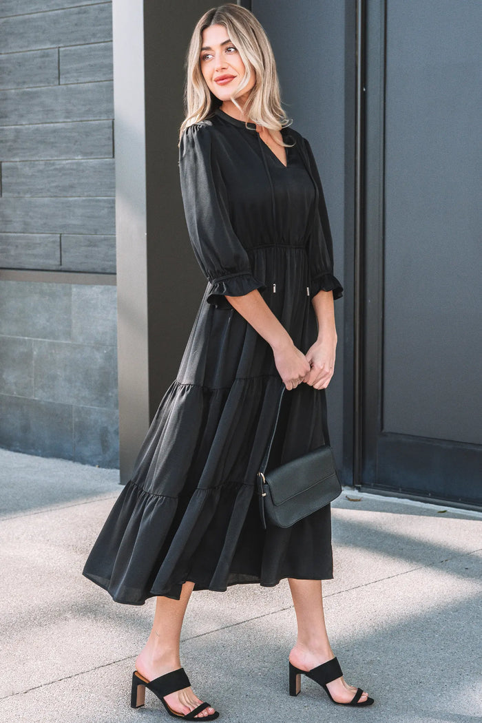 Black Flounced Bracelet Sleeve V-Neck Tiered Maxi Dress
