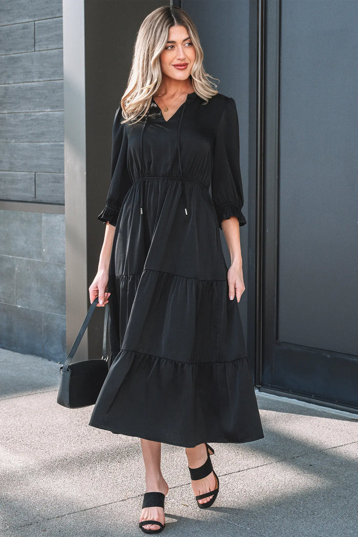 Black Flounced Bracelet Sleeve V-Neck Tiered Maxi Dress