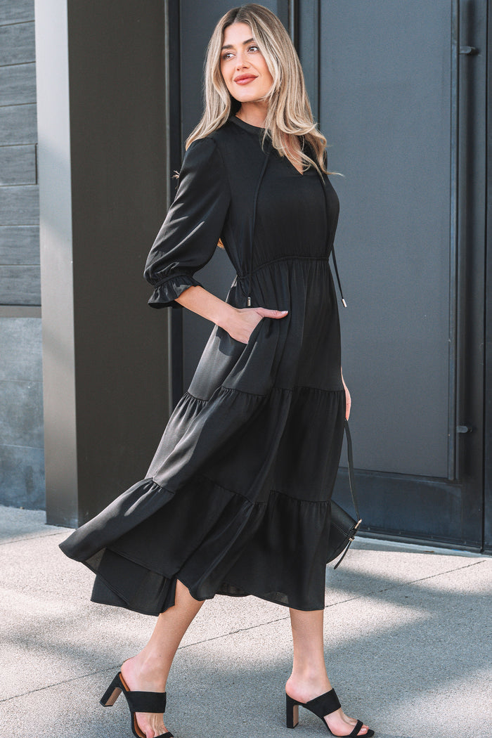 Black Flounced Bracelet Sleeve V-Neck Tiered Maxi Dress
