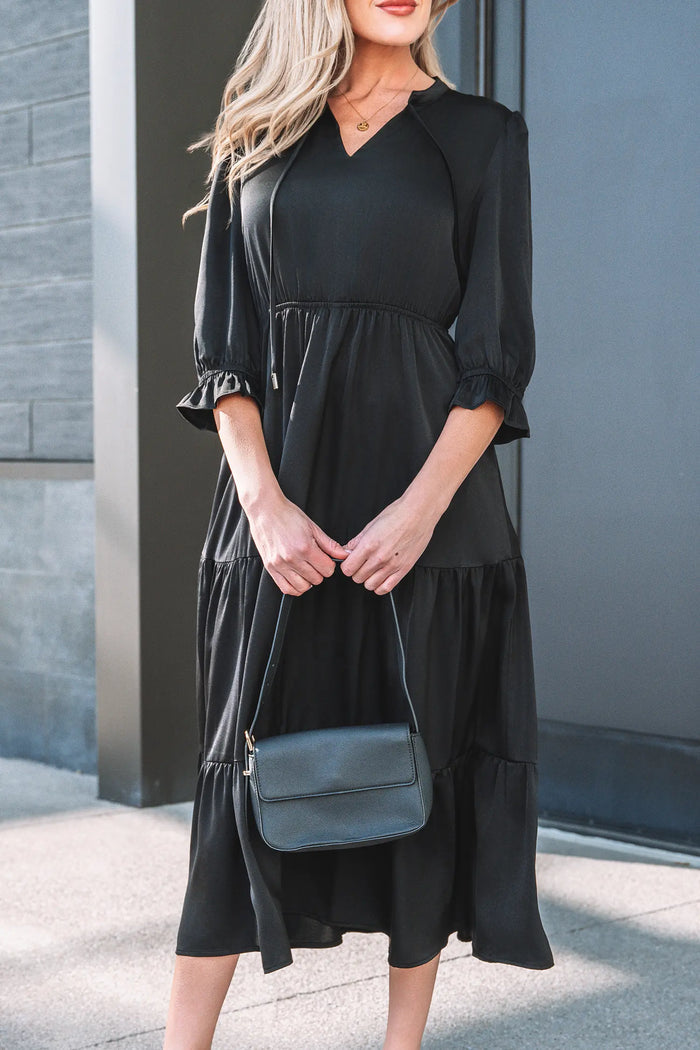 Black Flounced Bracelet Sleeve V-Neck Tiered Maxi Dress