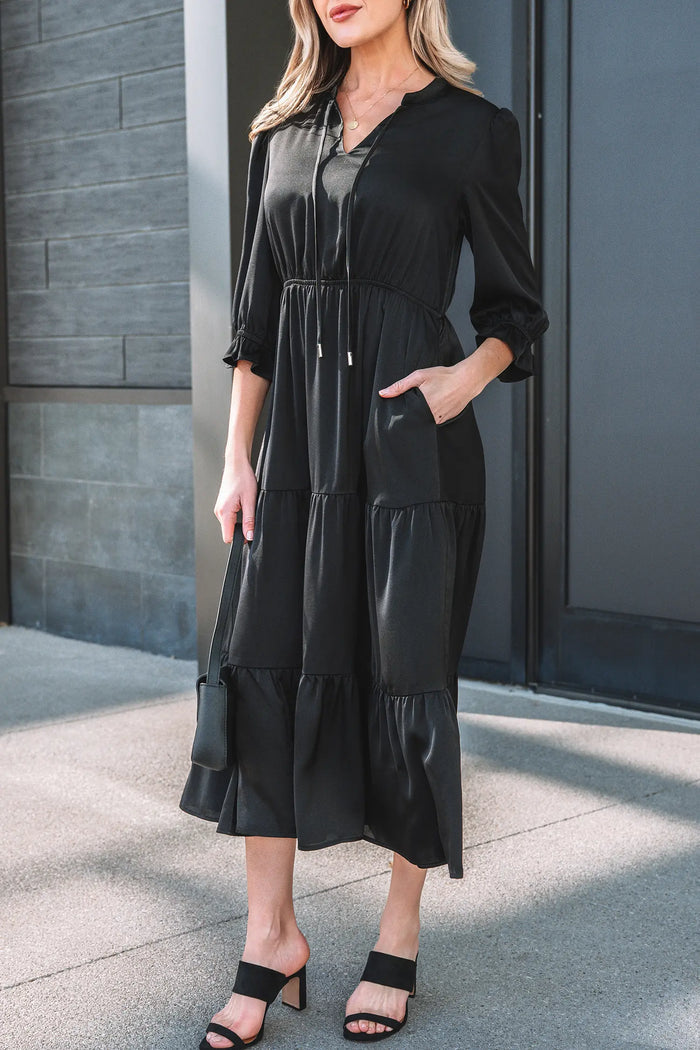 Black Flounced Bracelet Sleeve V-Neck Tiered Maxi Dress