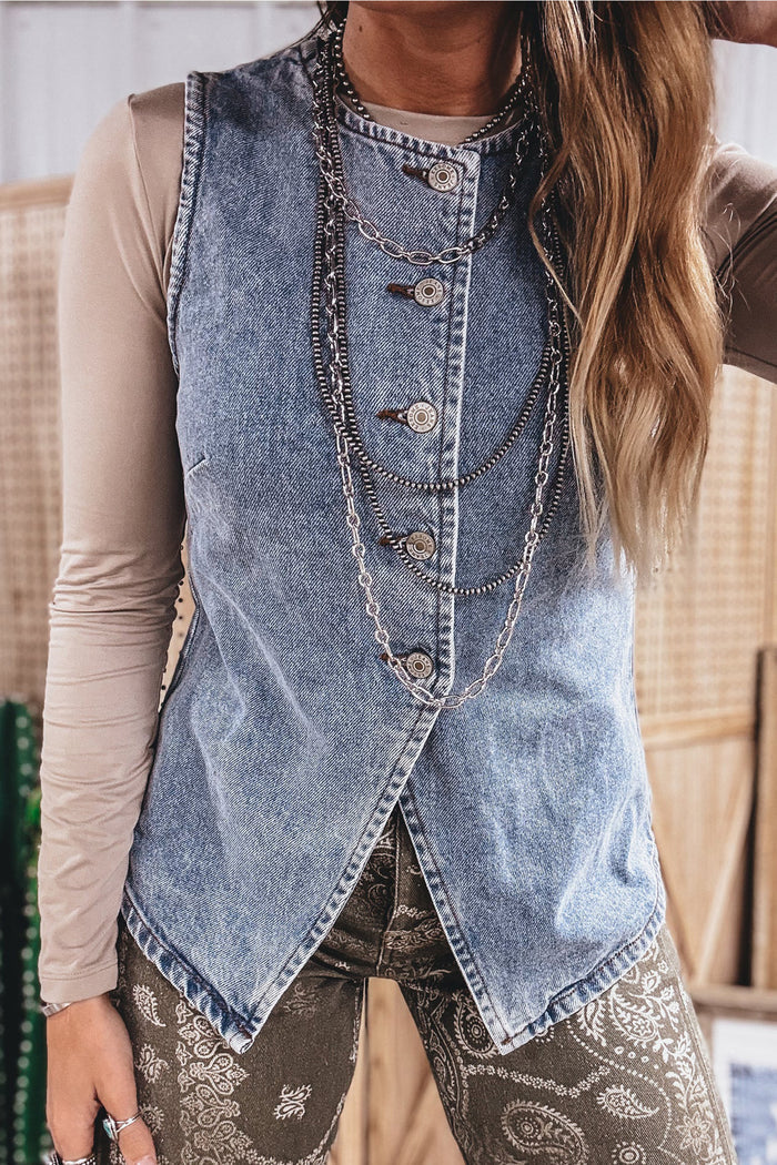 Blue Buttoned Front Slit Denim Vest - Tops/Sleeveless Tops