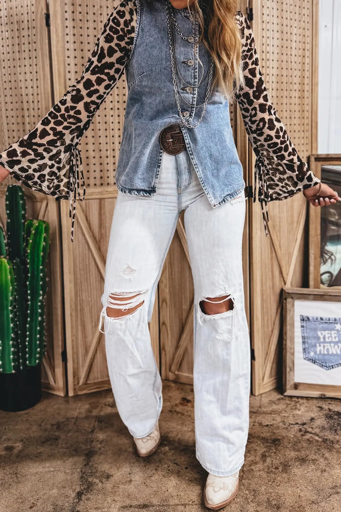 Blue Buttoned Front Slit Denim Vest - Tops/Sleeveless Tops
