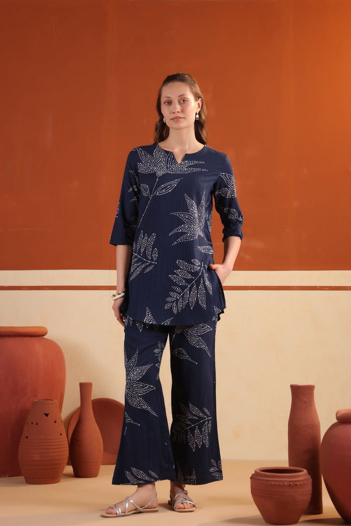 Blue Leaf Printed Tunic & Pant Cotton Co-ord Set