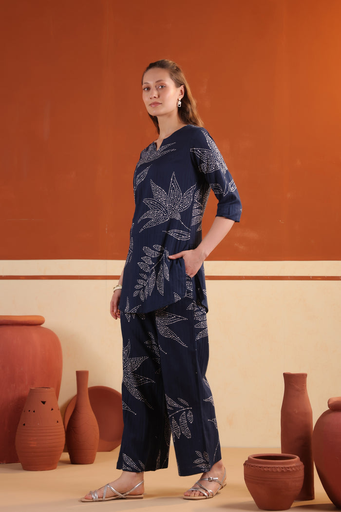 Blue Leaf Printed Tunic & Pant Cotton Co-ord Set