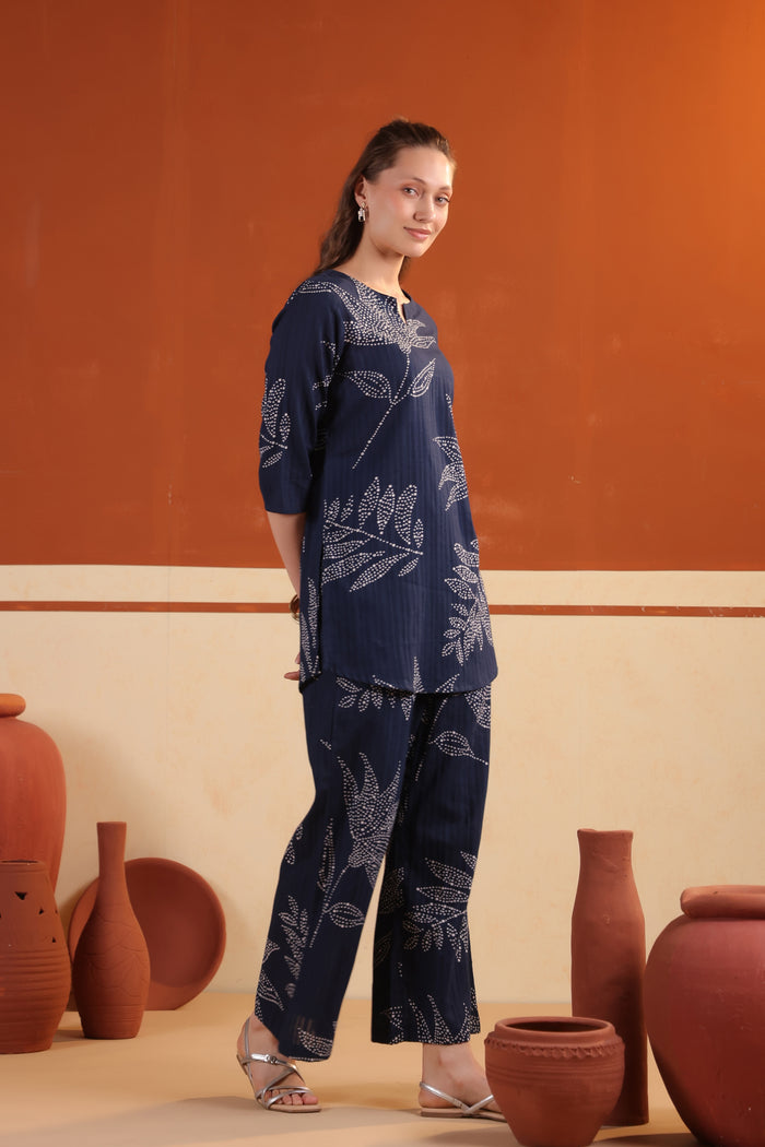 Blue Leaf Printed Tunic & Pant Cotton Co-ord Set