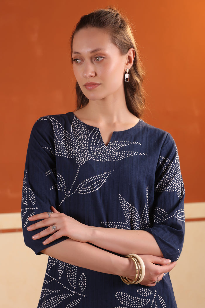 Blue Leaf Printed Tunic & Pant Cotton Co-ord Set